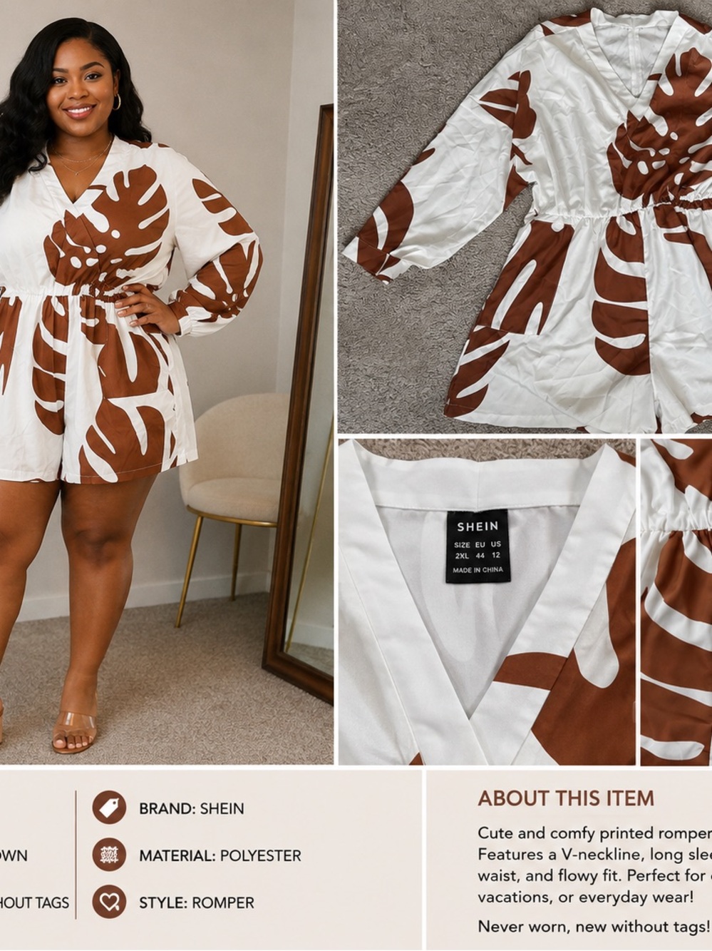 SHEIN White Romper with Brown Leaf Motif